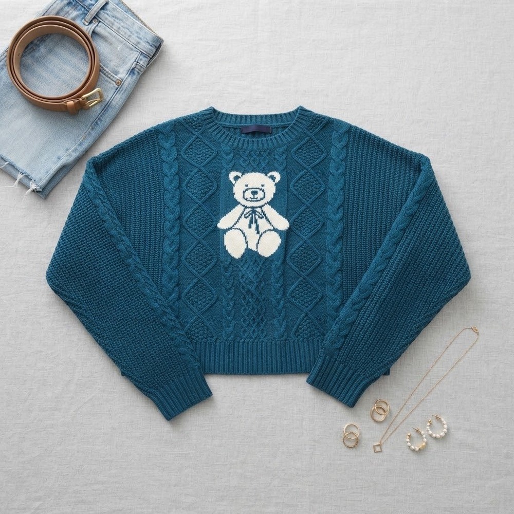 Simply Southern Sweater Women XL Teal Bear Cable Knit Preppy Coquette Pullover